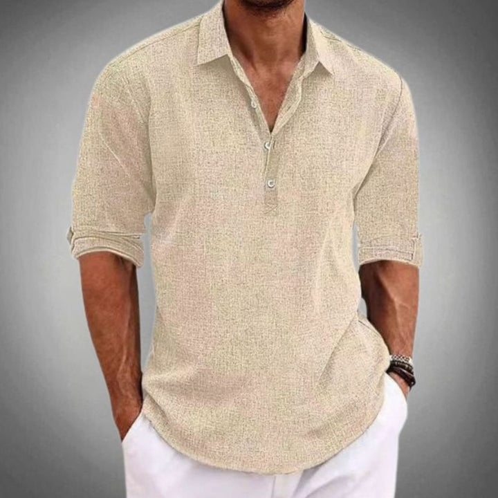 Men's Classic Fit Long Sleeve Linen Polo Shirt - Beige