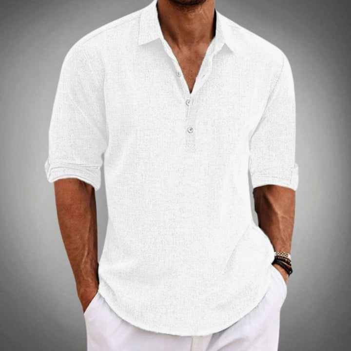 Men's Classic Fit Long Sleeve Linen Polo Shirt - White