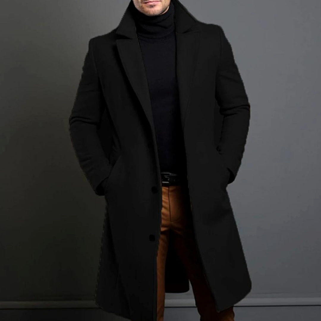 Men's Classic-Fit Long Wool-Blend Notch-Lapel Overcoat - Black