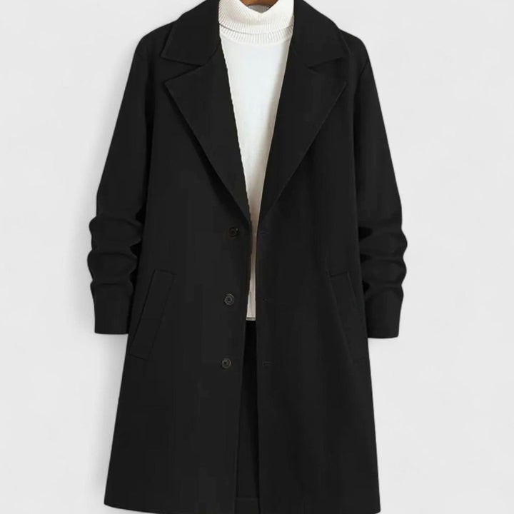 Men's Classic Notch-Lapel Single-Breasted Long Overcoat - Black