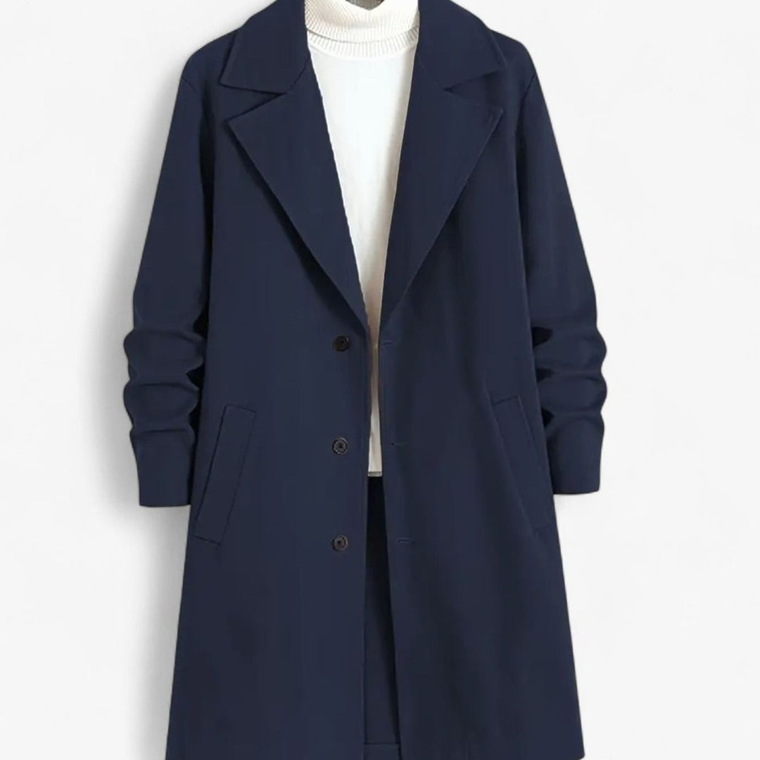 Men's Classic Notch-Lapel Single-Breasted Long Overcoat - Navy