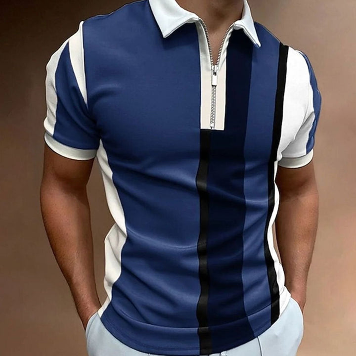 Men's Color-Block Quarter-Zip Short-Sleeve Polo Shirt - Navy Blue