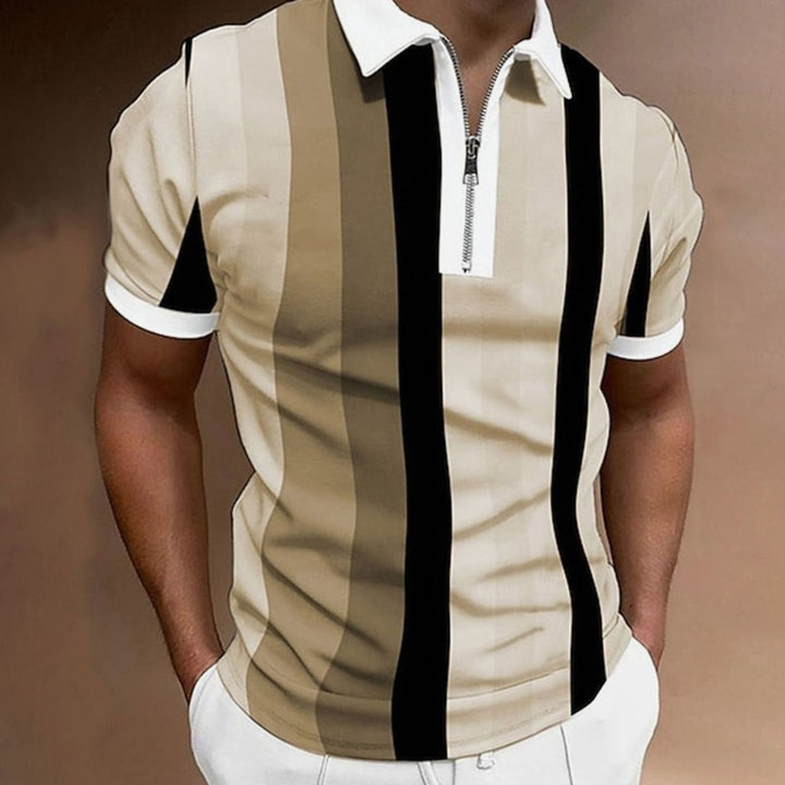 Men's Color-Block Quarter-Zip Short-Sleeve Polo Shirt - Beige