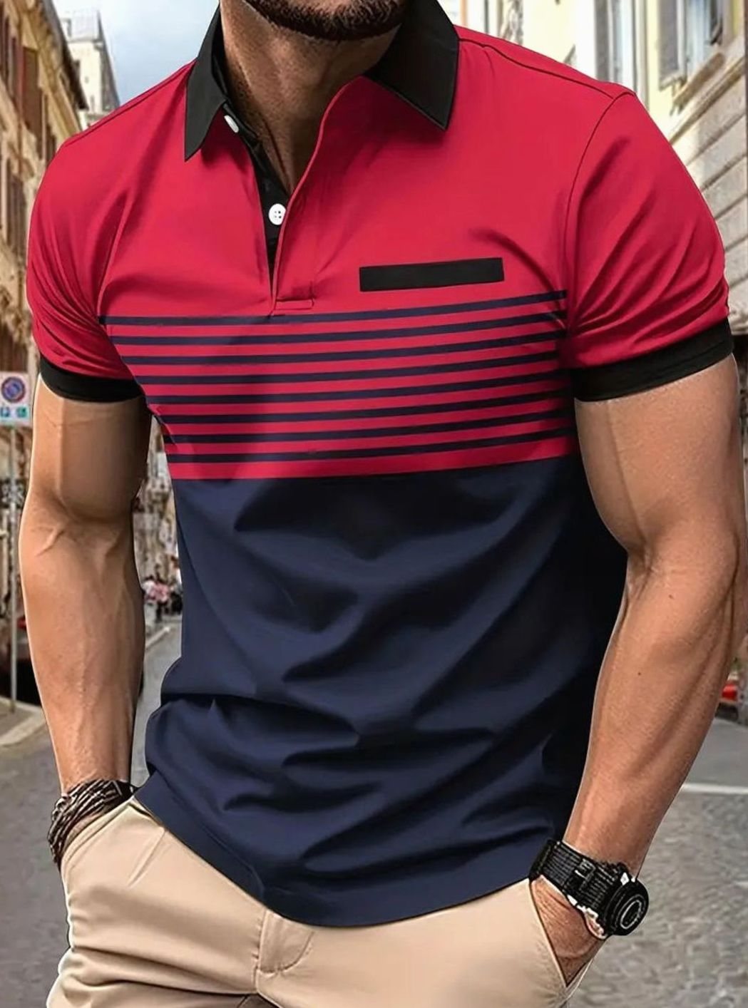 Men's Colorblock Striped Short-Sleeve Polo Shirt, Red - Red