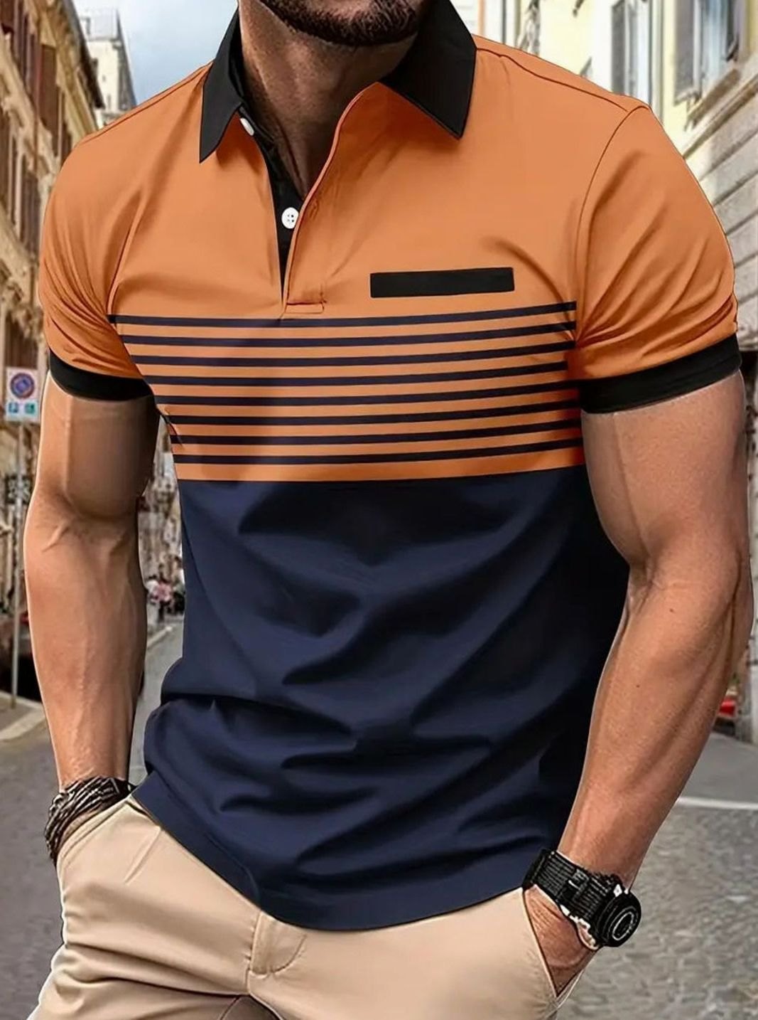 Men's Colorblock Striped Short-Sleeve Polo Shirt, Red - Orange