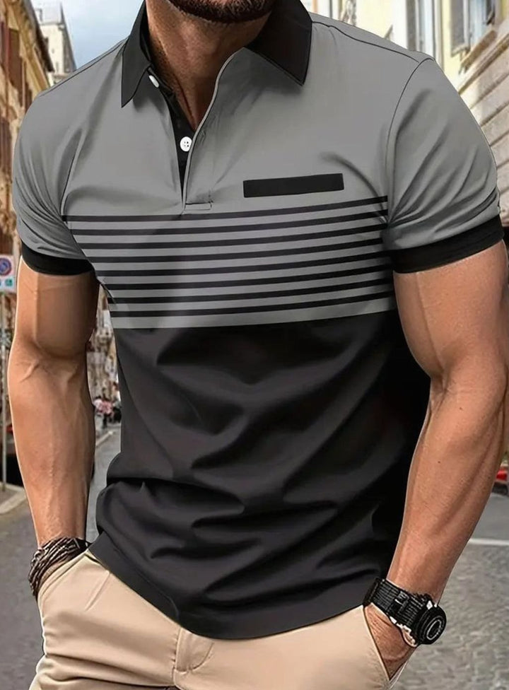 Men's Colorblock Striped Short-Sleeve Polo Shirt, Red - Gray