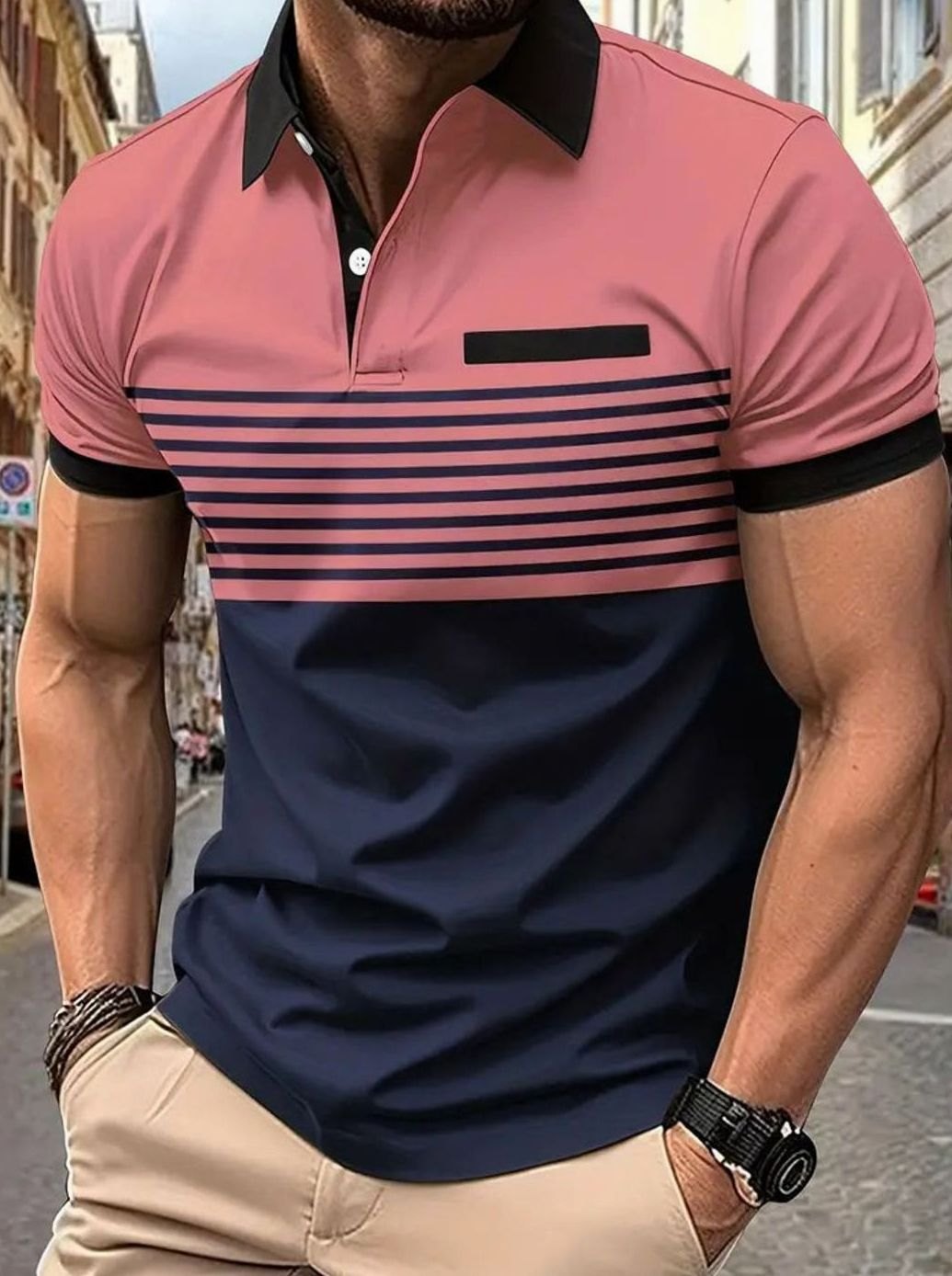 Men's Colorblock Striped Short-Sleeve Polo Shirt, Red