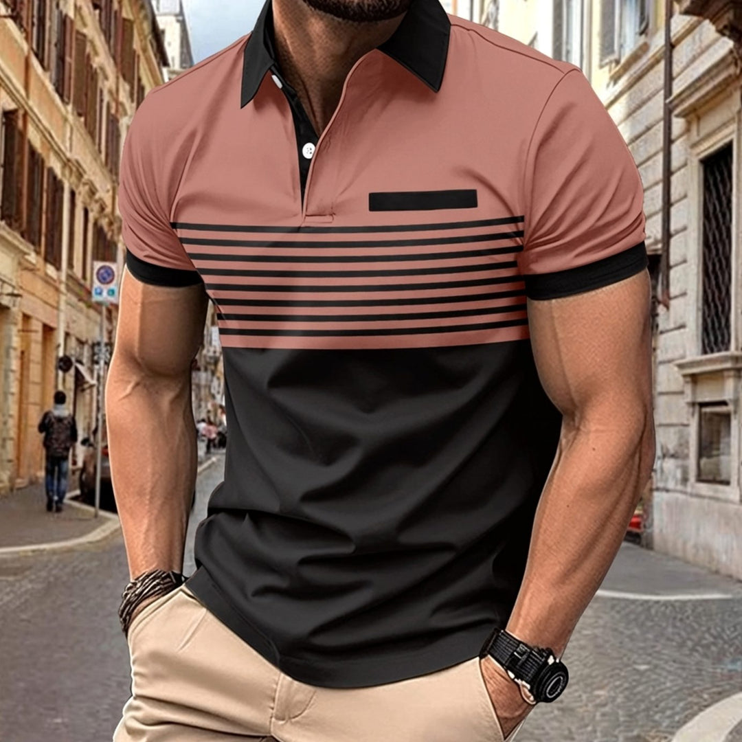 Men's Colorblock Striped Short-Sleeve Polo Shirt, Red - Pink