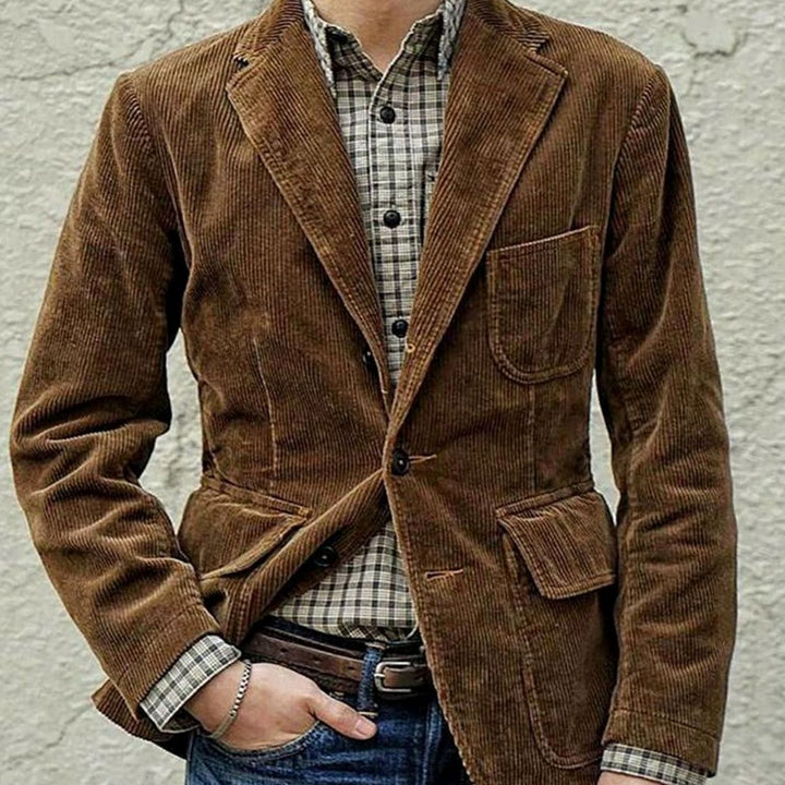 Men's Corduroy Notch-Lapel Two-Button Blazer Jacket - Brown