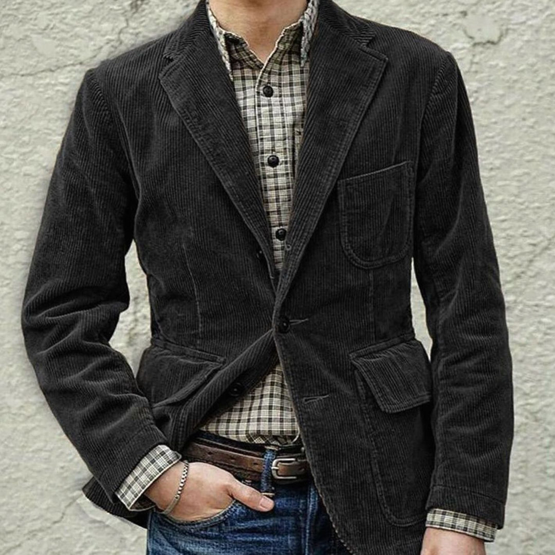 Men's Corduroy Notch-Lapel Two-Button Blazer Jacket - Black