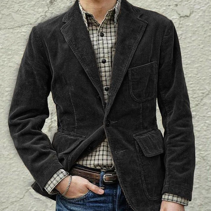 Men's Corduroy Notch-Lapel Two-Button Blazer Jacket - Black
