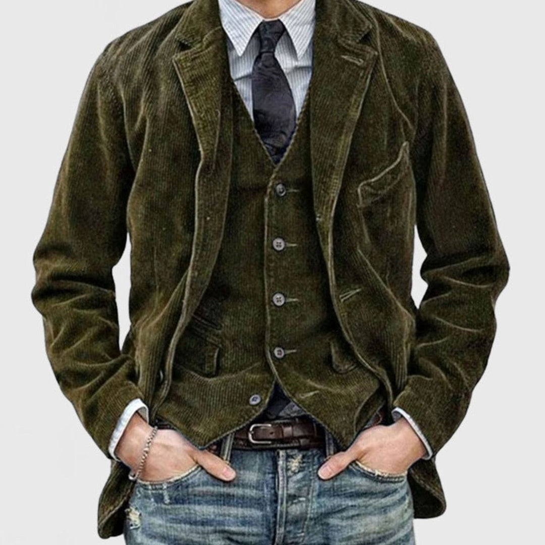 Men's Corduroy Notch-Lapel Two-Button Blazer Jacket - Army Green