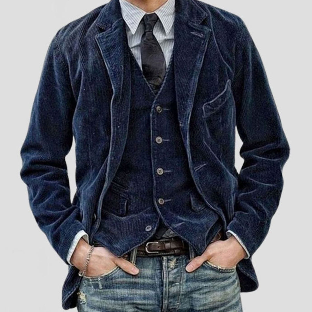 Men's Corduroy Notch-Lapel Two-Button Blazer Jacket - Dark Blue
