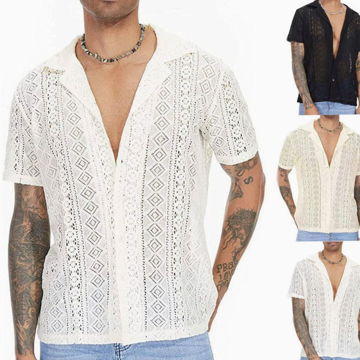 Men's Crochet Knit Polo Shirt Open V-Neck Short Sleeve