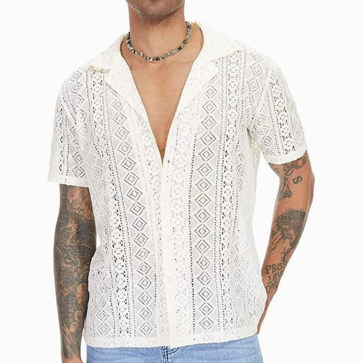 Men's Crochet Knit Polo Shirt Open V-Neck Short Sleeve - White