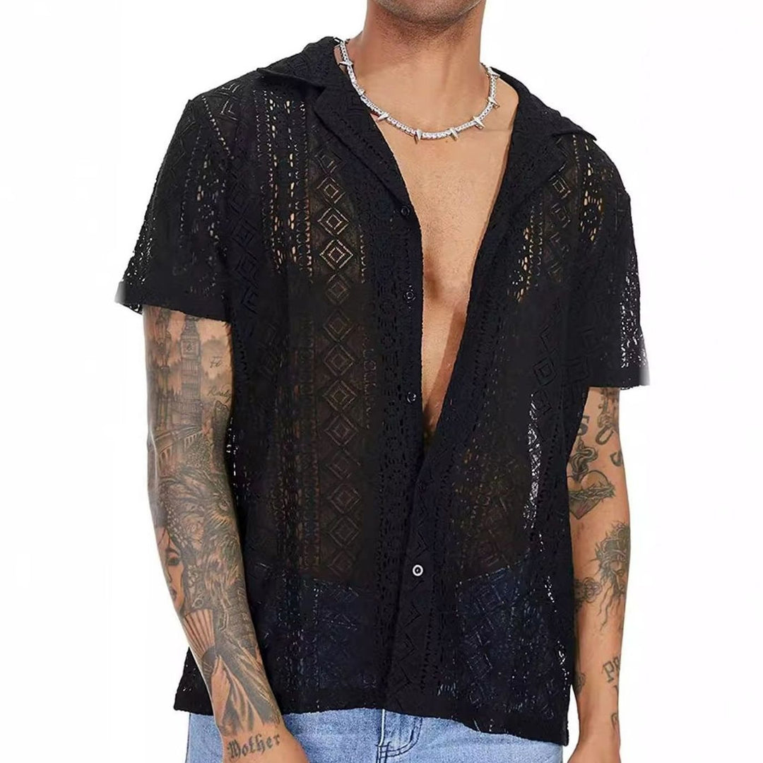 Men's Crochet Knit Polo Shirt Open V-Neck Short Sleeve - Black