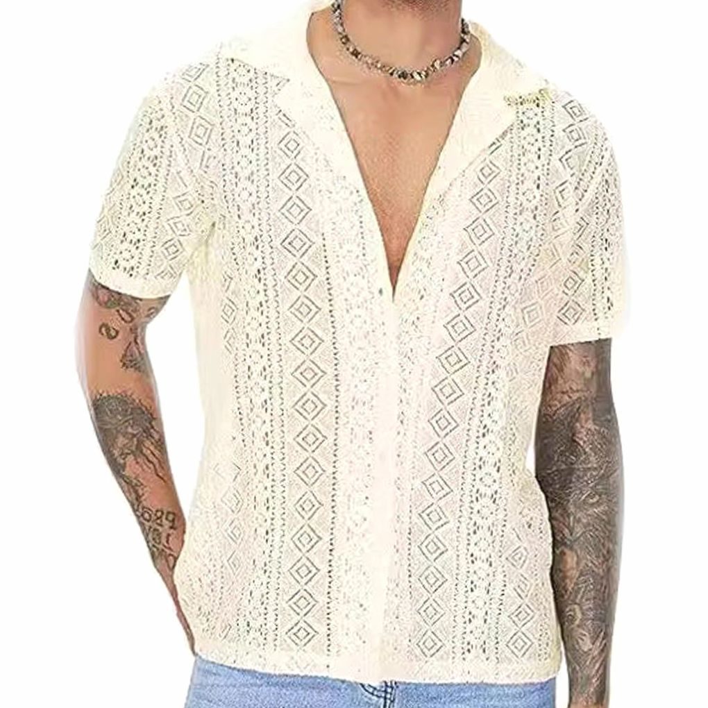 Men's Crochet Knit Polo Shirt Open V-Neck Short Sleeve - Apricot