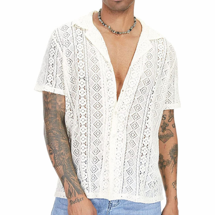 Men's Crochet Knit Polo Shirt Open V-Neck Short Sleeve