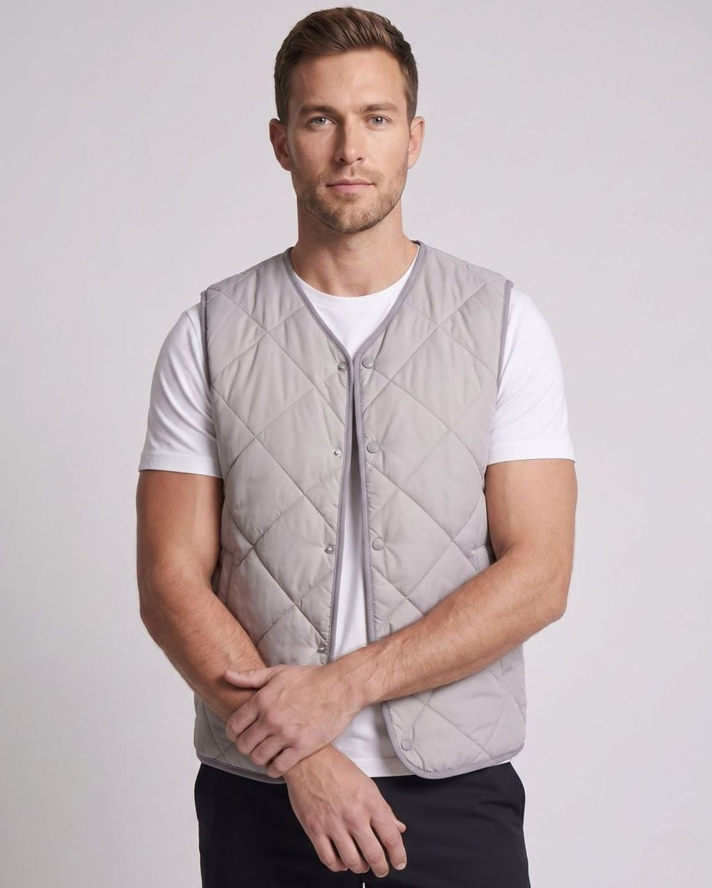 Men's Diamond-Quilted Teddy-Lined Snap-Button Puffer Vest, Light Gray