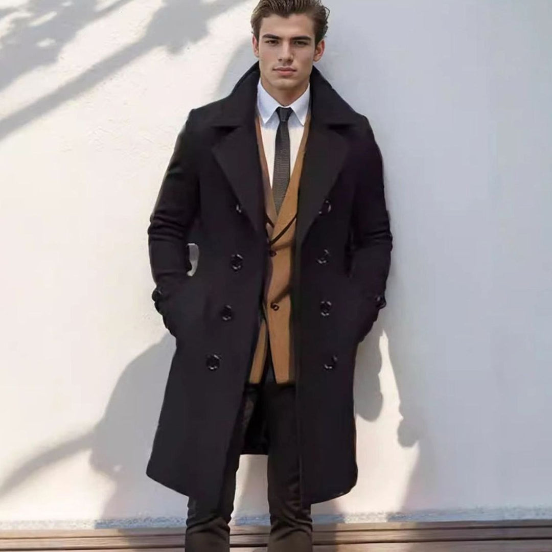 Men's Double-Breasted Wool-Blend Overcoat Wide Lapel