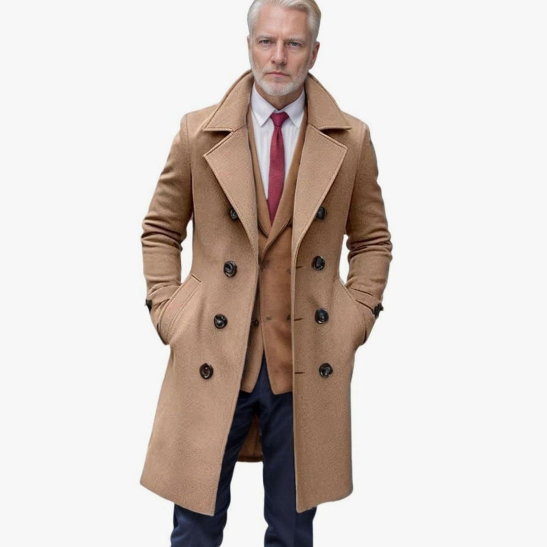 Men's Double-Breasted Wool-Blend Overcoat Wide Lapel