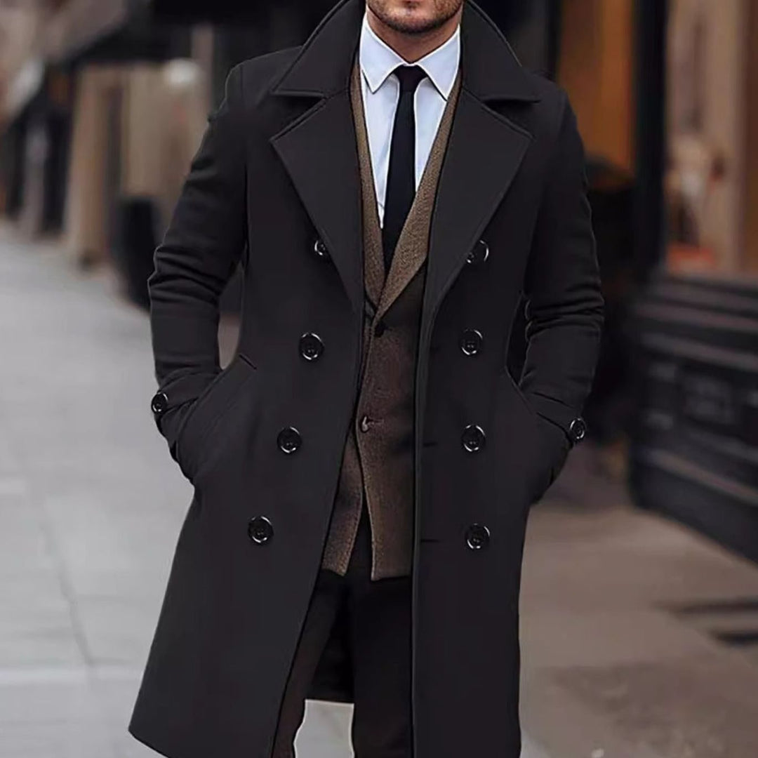 Men's Double-Breasted Wool-Blend Overcoat Wide Lapel