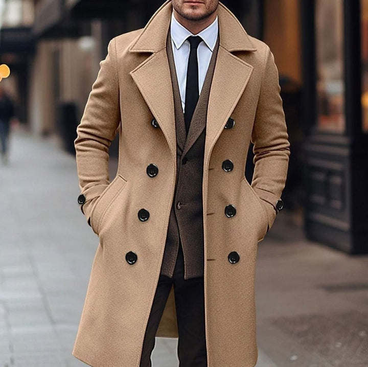 Men's Double-Breasted Wool-Blend Overcoat Wide Lapel - Khaki