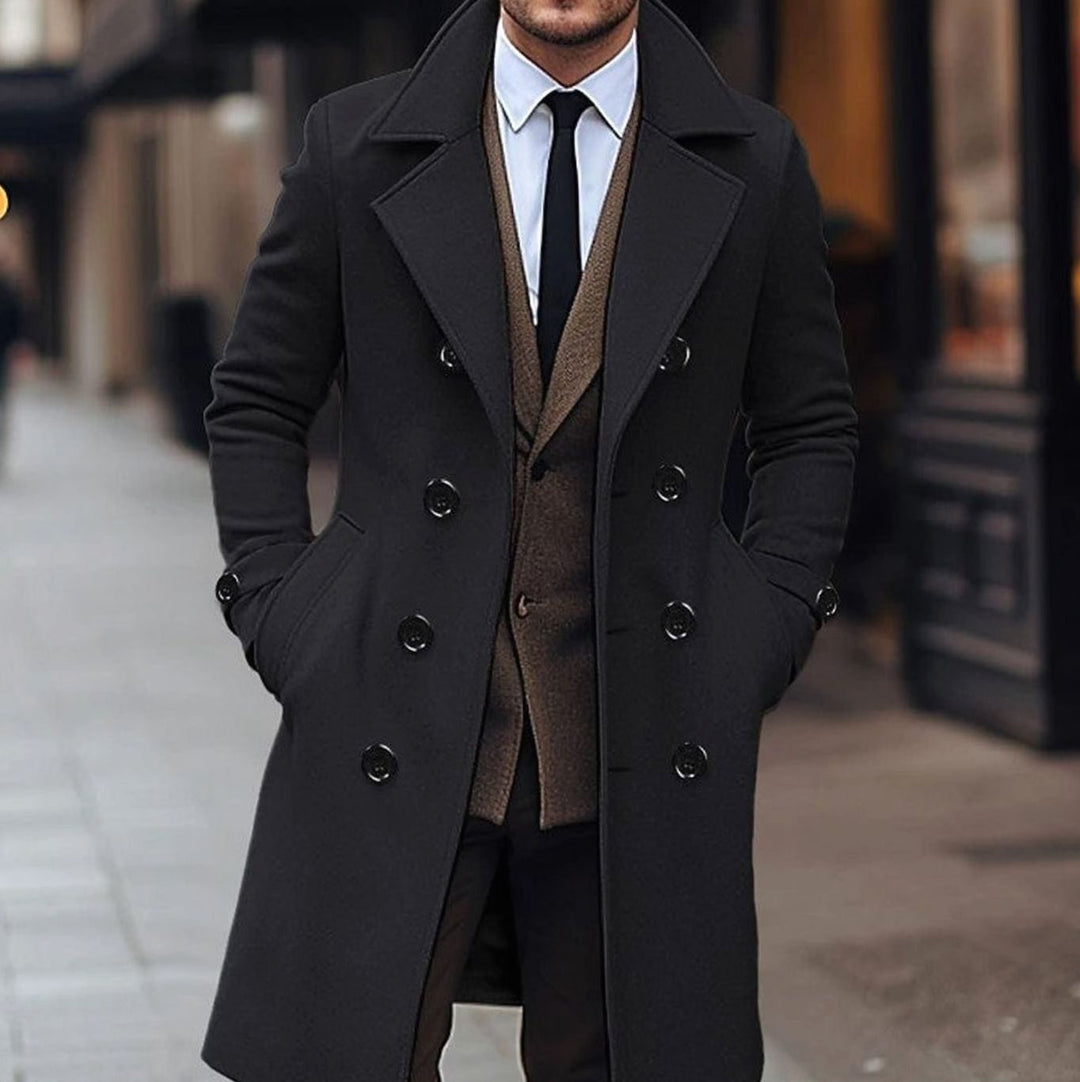 Men's Double-Breasted Wool-Blend Overcoat Wide Lapel - Black