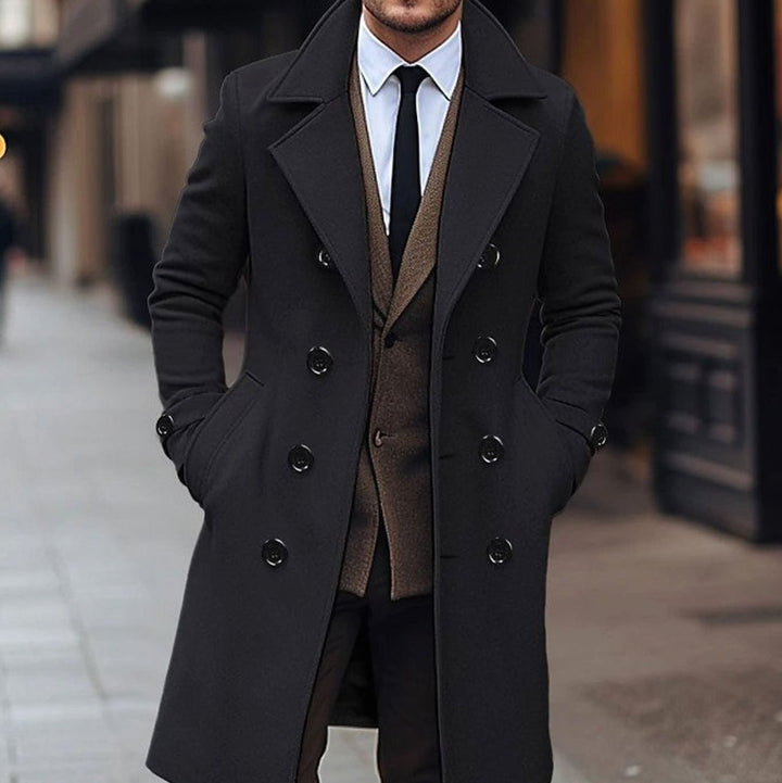 Men's Double-Breasted Wool-Blend Overcoat Wide Lapel - Black
