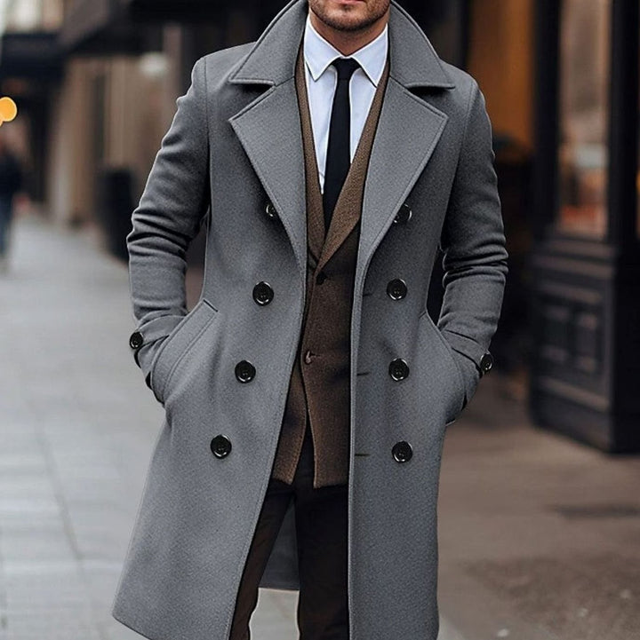 Men's Double-Breasted Wool-Blend Overcoat Wide Lapel - Dark Gray