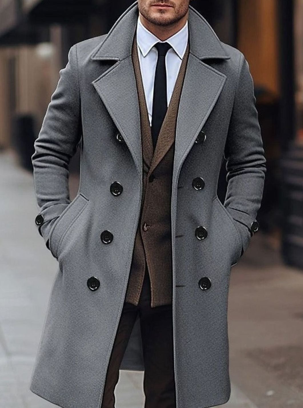 Men's Double-Breasted Wool Overcoat Notch Lapel Winter Coat