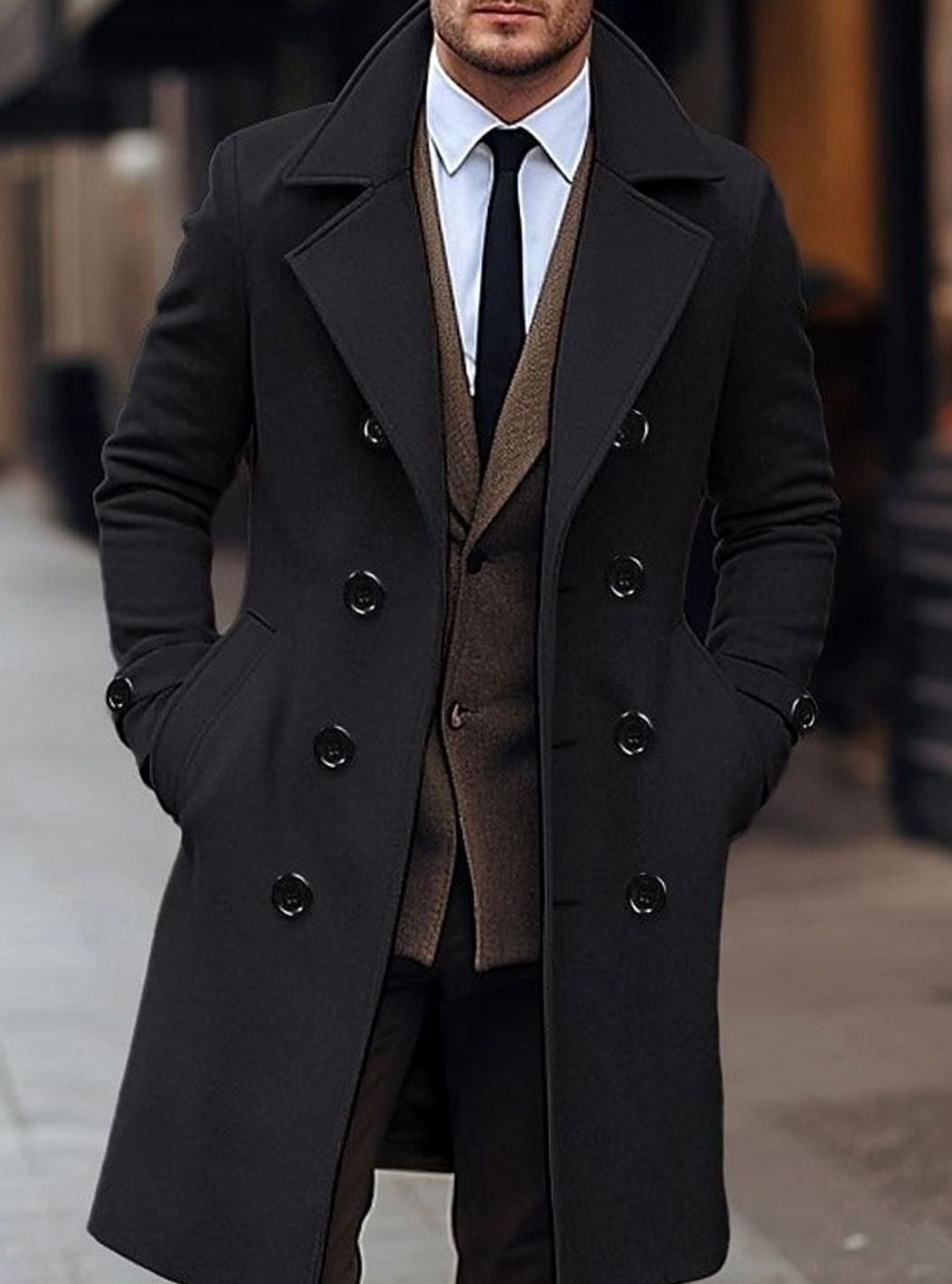 Men's Double-Breasted Wool Overcoat Notch Lapel Winter Coat