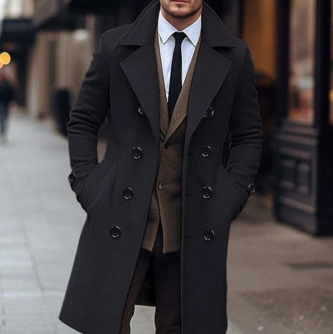 Men's Double-Breasted Wool Overcoat Notch Lapel Winter Coat - Black