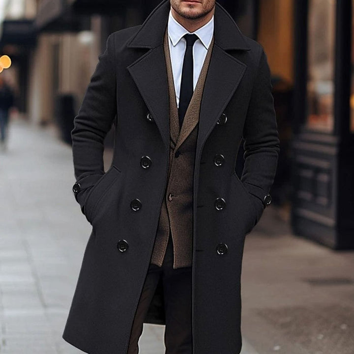 Men's Double-Breasted Wool Overcoat Notch Lapel Winter Coat - Black