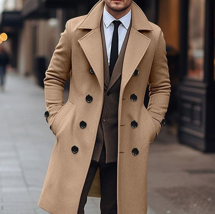 Men's Double-Breasted Wool Overcoat Notch Lapel Winter Coat - Khaki