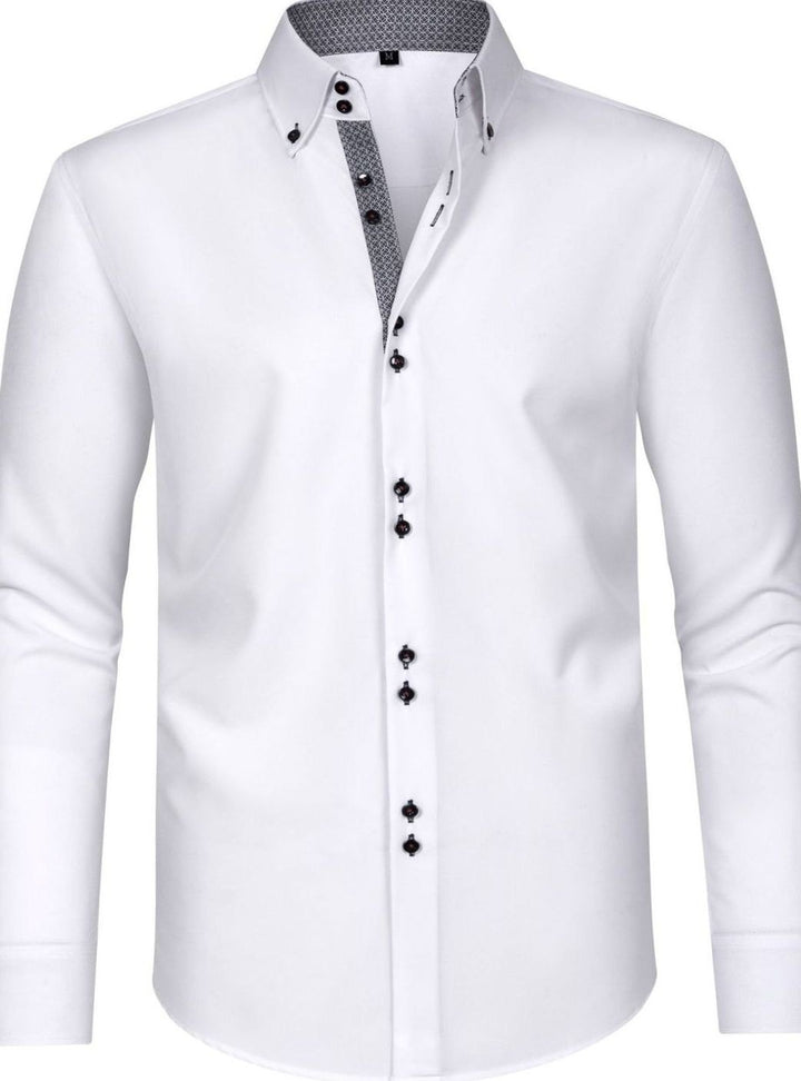 Men's Double-Collar Button-Up Long Sleeve Dress Shirt - White