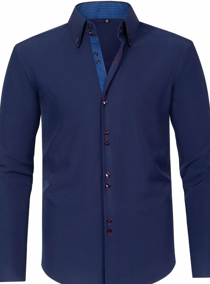 Men's Double-Collar Button-Up Long Sleeve Dress Shirt - Navy Blue