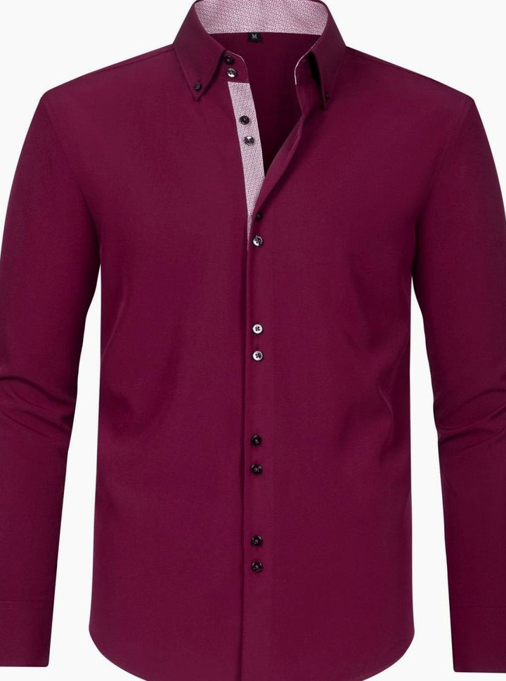 Men's Double-Collar Button-Up Long Sleeve Dress Shirt - Burgundy