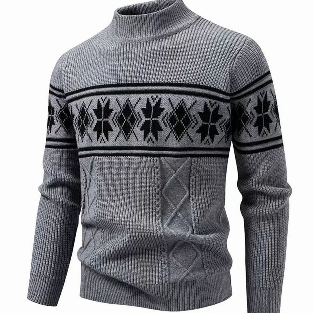 Men's Fair Isle Mock-Neck Cable-Knit Jacquard Sweater - Gray