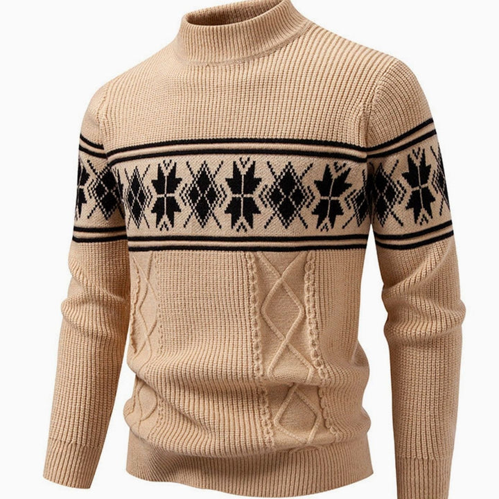Men's Fair Isle Mock-Neck Cable-Knit Jacquard Sweater - Khaki