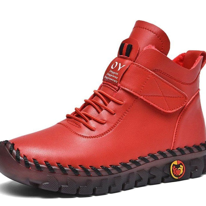Men's Faux Leather Ankle Boots Lace-Up Velcro Cushioned Winter Sneaker Boots - Red