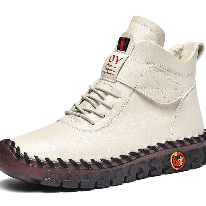 Men's Faux Leather Ankle Boots Lace-Up Velcro Cushioned Winter Sneaker Boots - Beige White