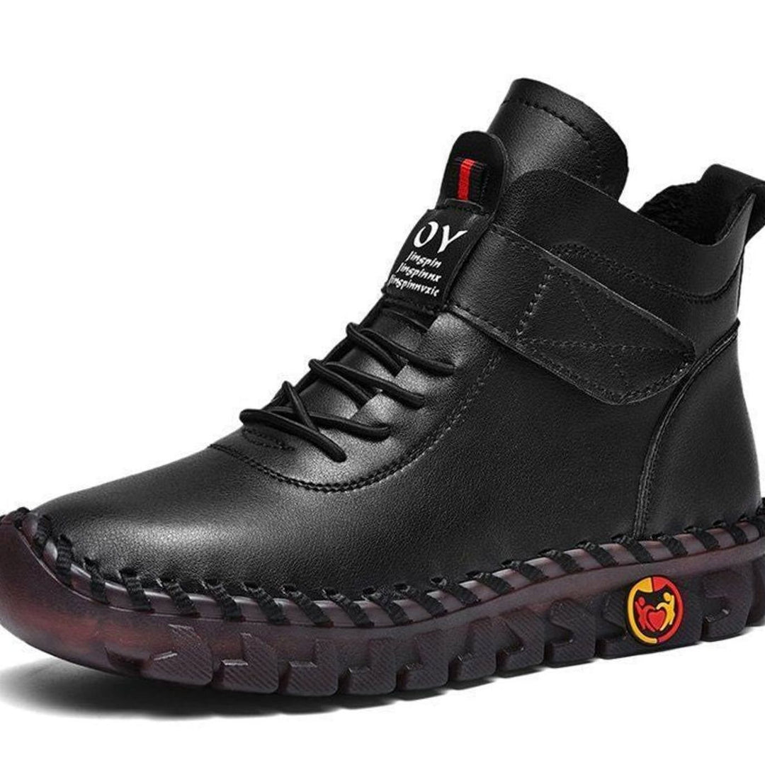 Men's Faux Leather Ankle Boots Lace-Up Velcro Cushioned Winter Sneaker Boots - Black