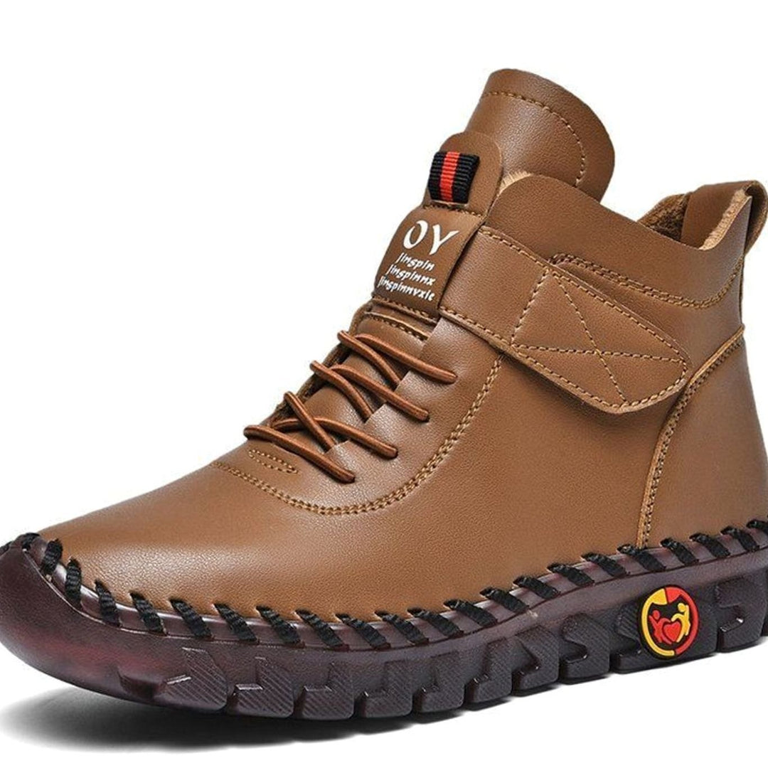 Men's Faux Leather Ankle Boots Lace-Up Velcro Cushioned Winter Sneaker Boots - Brown