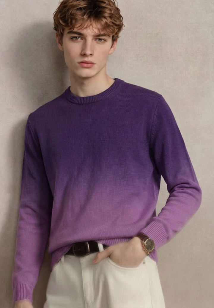Men's Fine Knit Crewneck Sweater Ombre Dip-Dye Regular Fit - Dark Violet