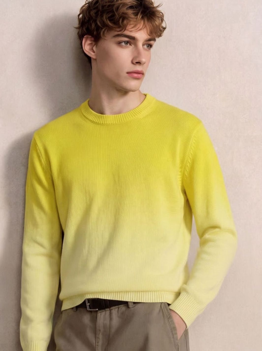 Men's Fine Knit Crewneck Sweater Ombre Dip-Dye Regular Fit - Yellow