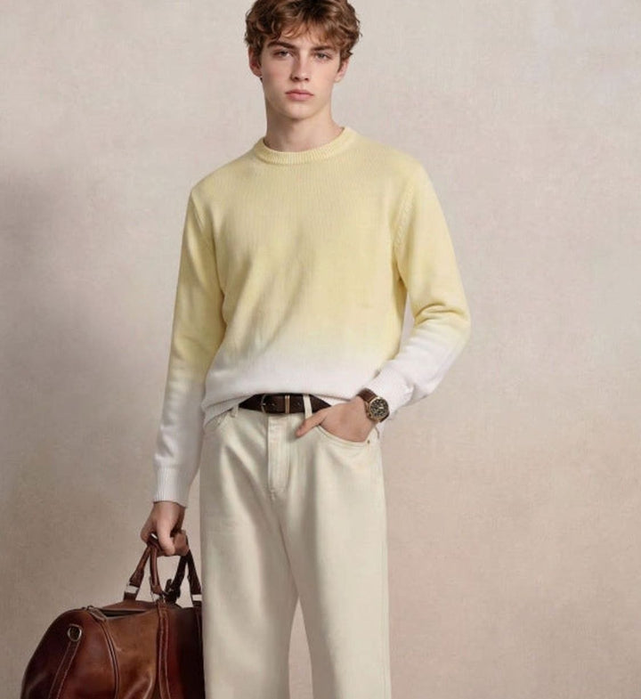 Men's Fine Knit Crewneck Sweater Ombre Dip-Dye Regular Fit - Light Yellow
