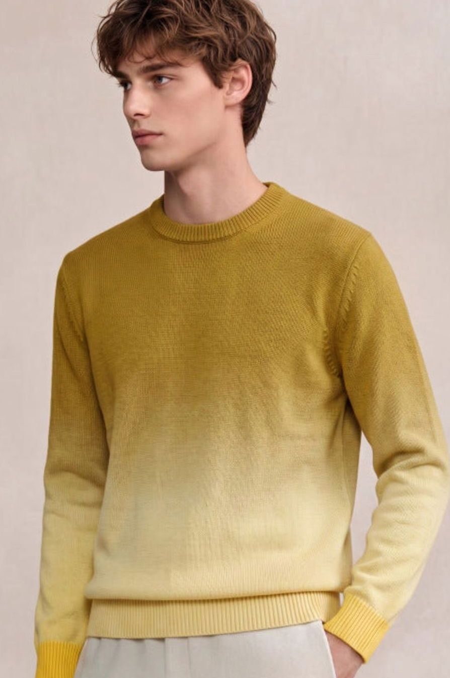 Men's Fine Knit Crewneck Sweater Ombre Dip-Dye Regular Fit - Turmeric