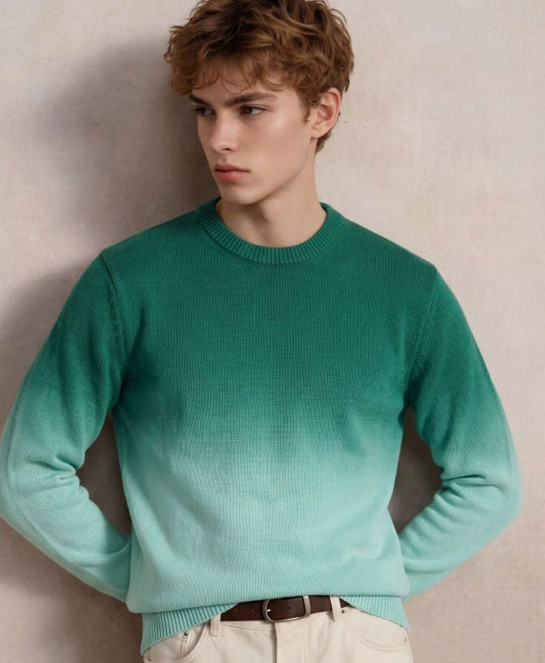 Men's Fine Knit Crewneck Sweater Ombre Dip-Dye Regular Fit - Green