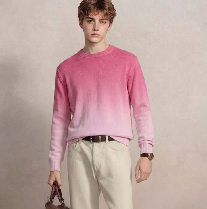 Men's Fine Knit Crewneck Sweater Ombre Dip-Dye Regular Fit - Pink